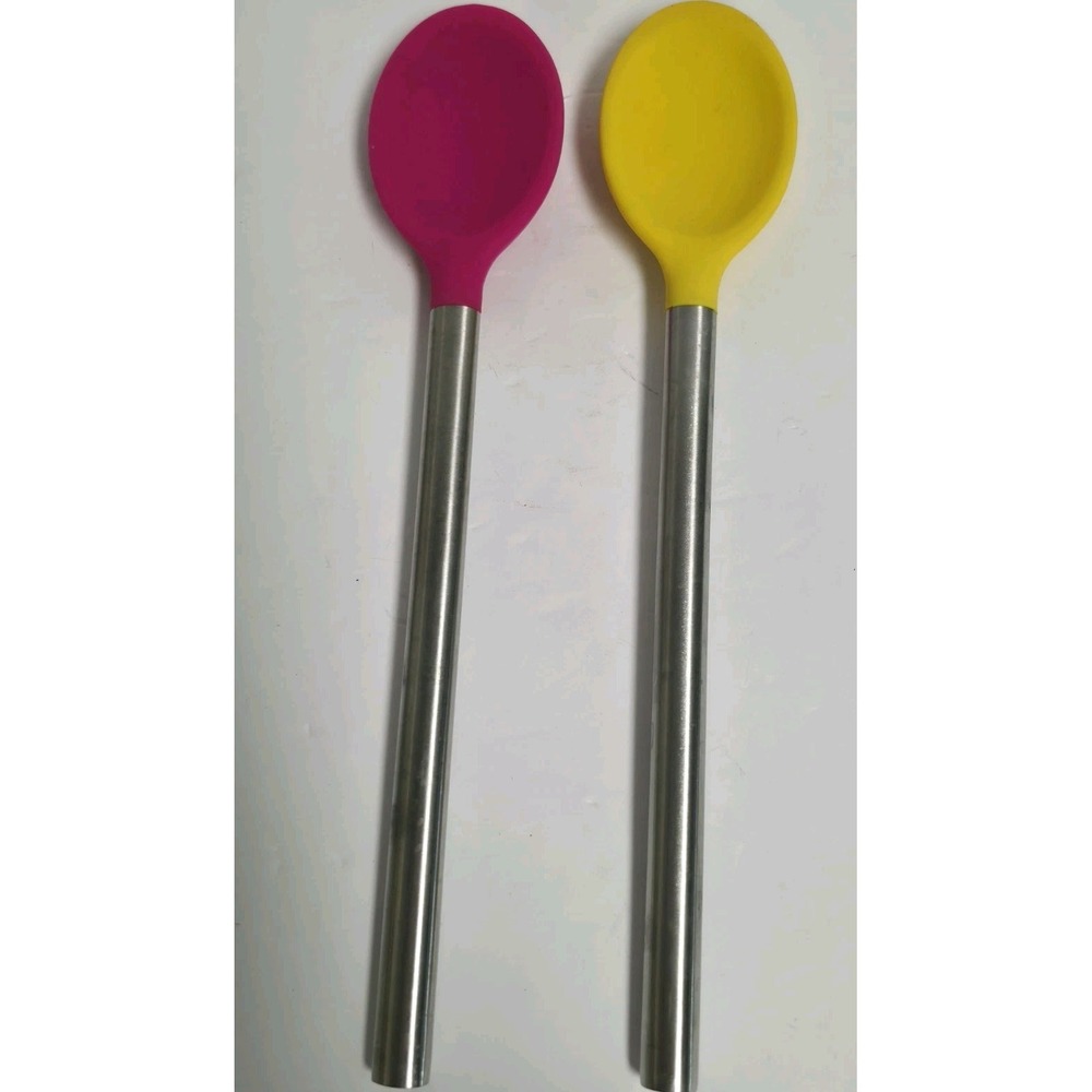 Set of 2 Tovolo Silicone Mixing Spoons Stainless Steel Handle Pink Yellow 12"